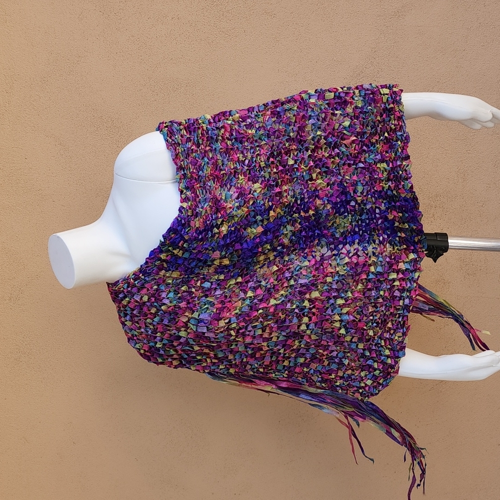 VINTAGE HANDMADE Ribbon Weave Woven Shawl Cocoon Poncho Top Ombre Purple Y2K - Picture 14 of 16